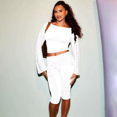 Elegant Draped Knee Length Pants Long Sleeve Tops 2 Piece Set Mssza