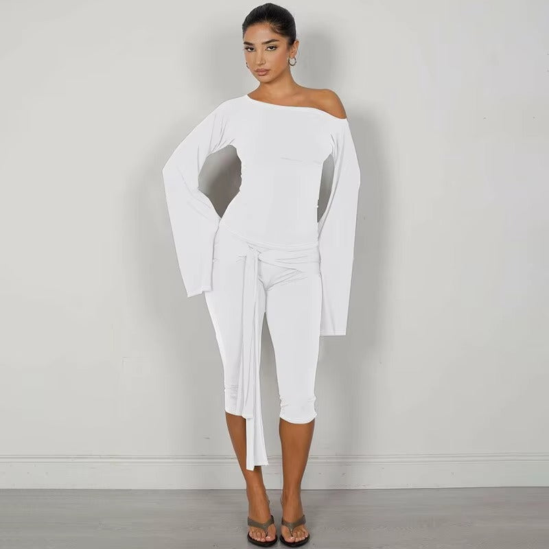 Elegant Draped Knee Length Pants Long Sleeve Tops 2 Piece Set Mssza