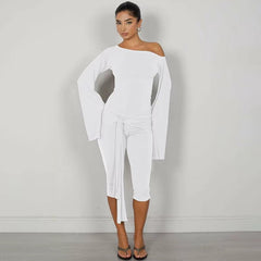 Elegant Draped Knee Length Pants Long Sleeve Tops 2 Piece Set Mssza