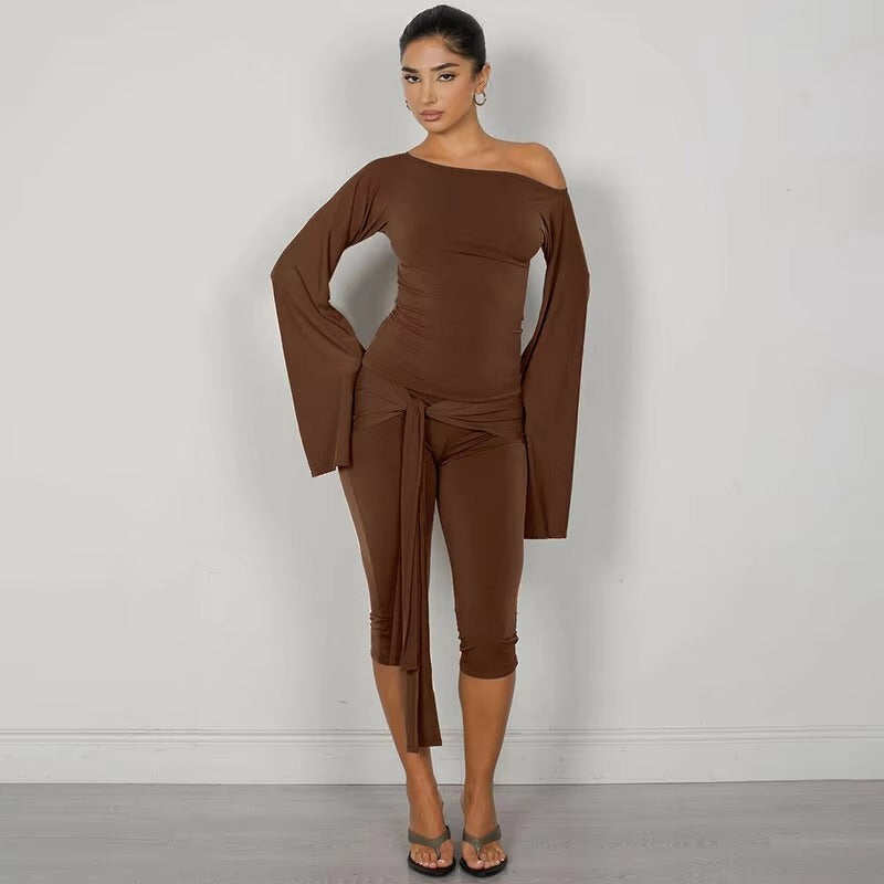 Elegant Draped Knee Length Pants Long Sleeve Tops 2 Piece Set Mssza