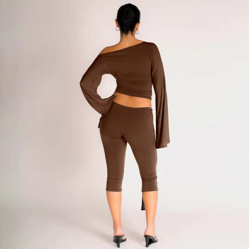 Elegant Draped Knee Length Pants Long Sleeve Tops 2 Piece Set Mssza