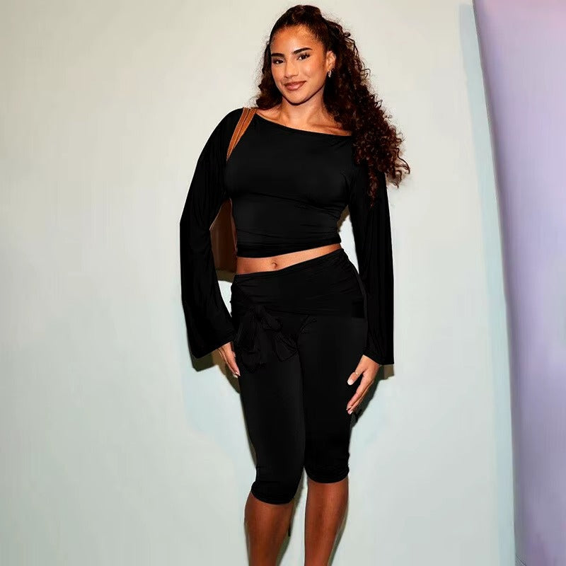Elegant Draped Knee Length Pants Long Sleeve Tops 2 Piece Set Mssza