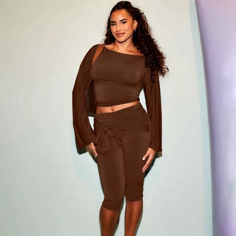 Elegant Draped Knee Length Pants Long Sleeve Tops 2 Piece Set Mssza