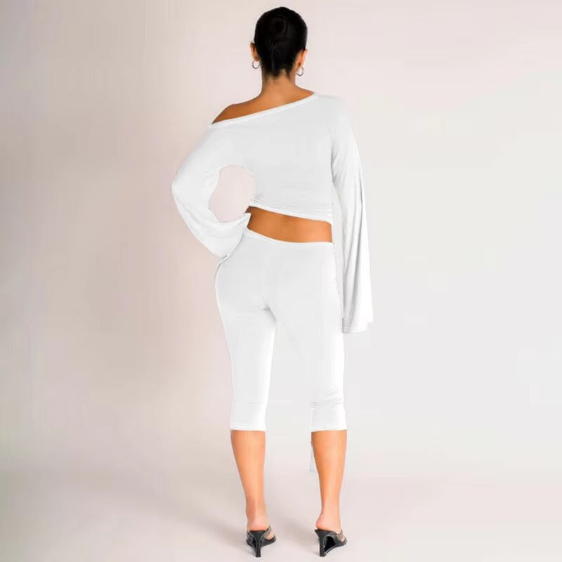 Elegant Draped Knee Length Pants Long Sleeve Tops 2 Piece Set Mssza