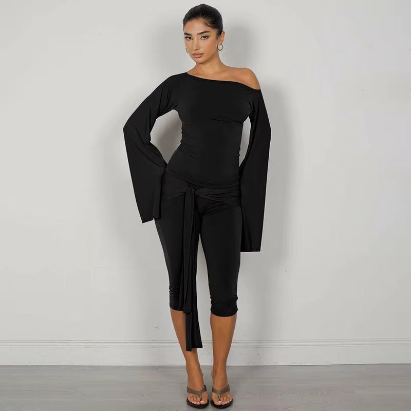 Elegant Draped Knee Length Pants Long Sleeve Tops 2 Piece Set Mssza