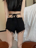 Elegant Drawstring Zipper Rise Ripped Lace-up Polyester Shorts Mssza