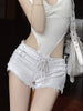 Elegant Drawstring Zipper Rise Ripped Lace-up Polyester Shorts Mssza
