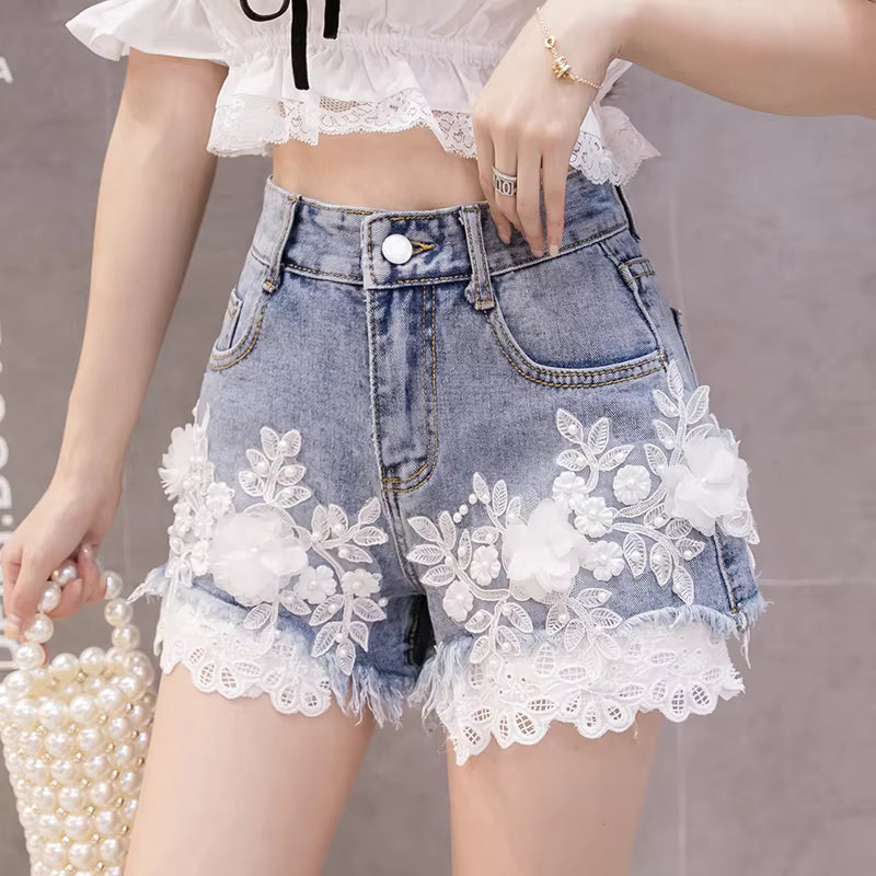 Elegant Embroidery Denim High Waist Shorts Mssza
