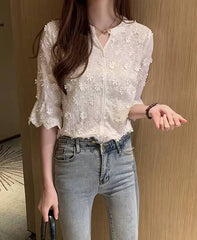 Elegant Embroidery Floral Cotton Short Sleeve Lace Non Stretch Blouse Mssza