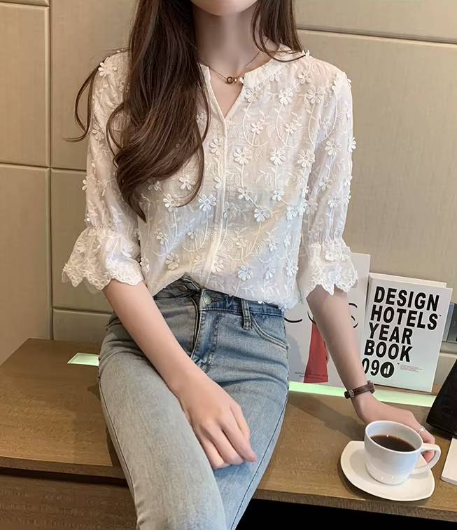 Elegant Embroidery Floral Cotton Short Sleeve Lace Non Stretch Blouse Mssza