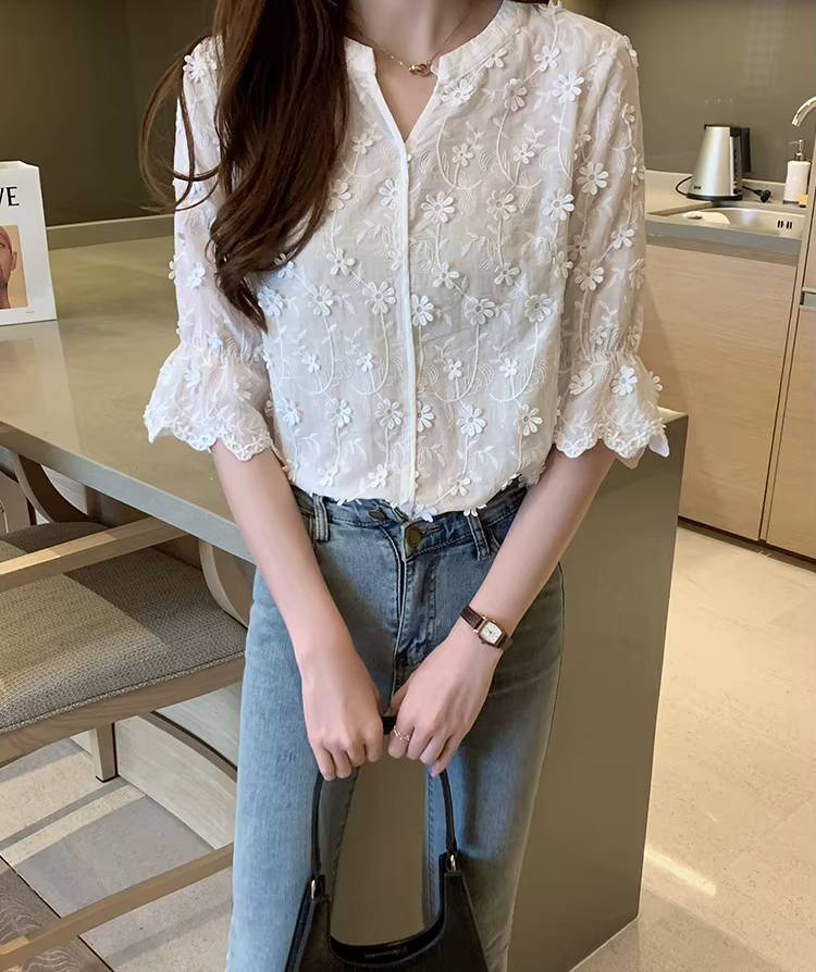 Elegant Embroidery Floral Cotton Short Sleeve Lace Non Stretch Blouse Mssza