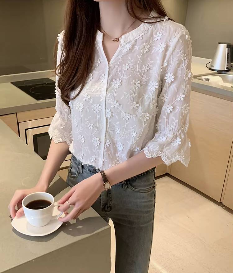 Elegant Embroidery Floral Cotton Short Sleeve Lace Non Stretch Blouse Mssza