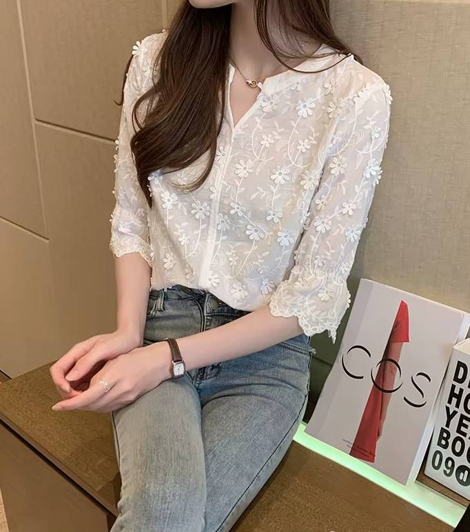 Elegant Embroidery Floral Cotton Short Sleeve Lace Non Stretch Blouse Mssza