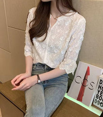 Elegant Embroidery Floral Cotton Short Sleeve Lace Non Stretch Blouse Mssza