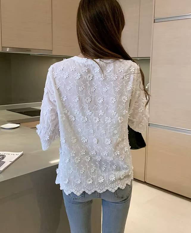 Elegant Embroidery Floral Cotton Short Sleeve Lace Non Stretch Blouse Mssza