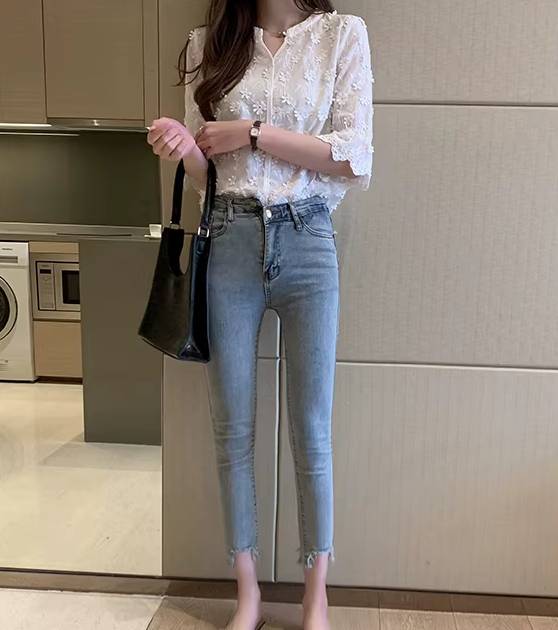 Elegant Embroidery Floral Cotton Short Sleeve Lace Non Stretch Blouse Mssza