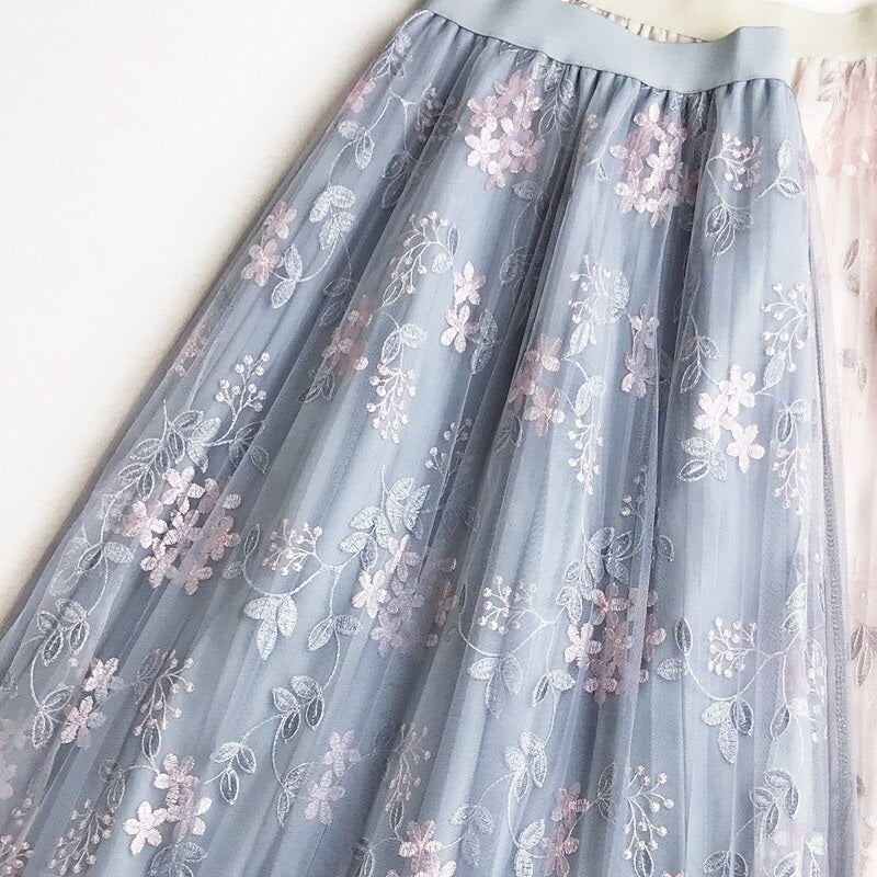 Elegant Embroidery Pleated Long Skirt Mssza