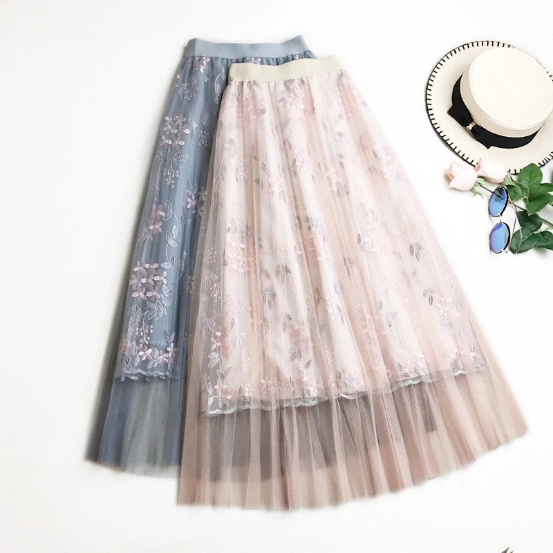 Elegant Embroidery Pleated Long Skirt Mssza