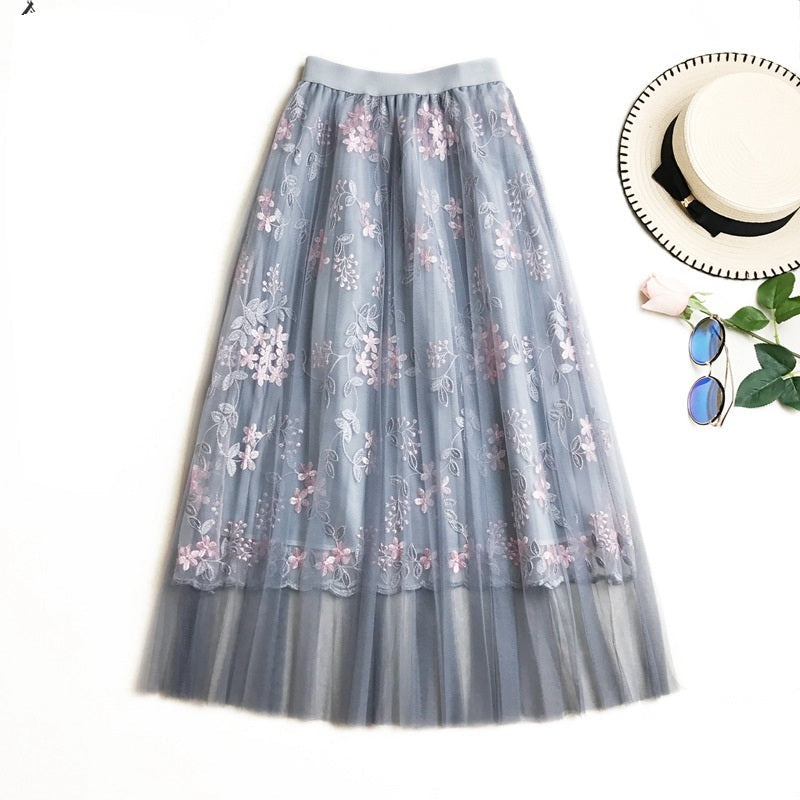 Elegant Embroidery Pleated Long Skirt Mssza