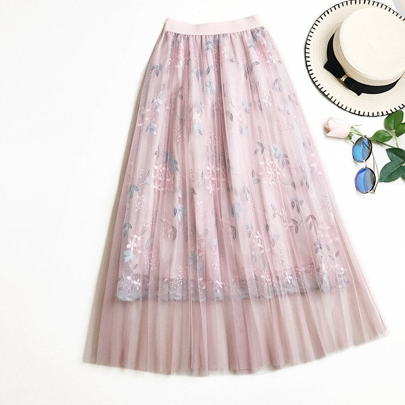 Elegant Embroidery Pleated Long Skirt Mssza