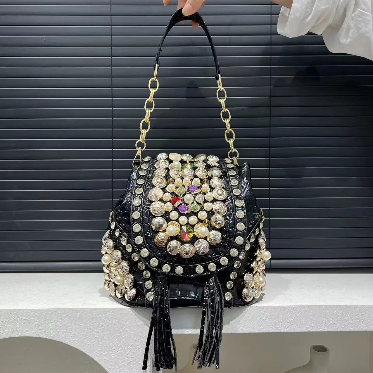 Elegant Beaded Light Luxury Backpack Crossbody Diamond Handbag Mssza