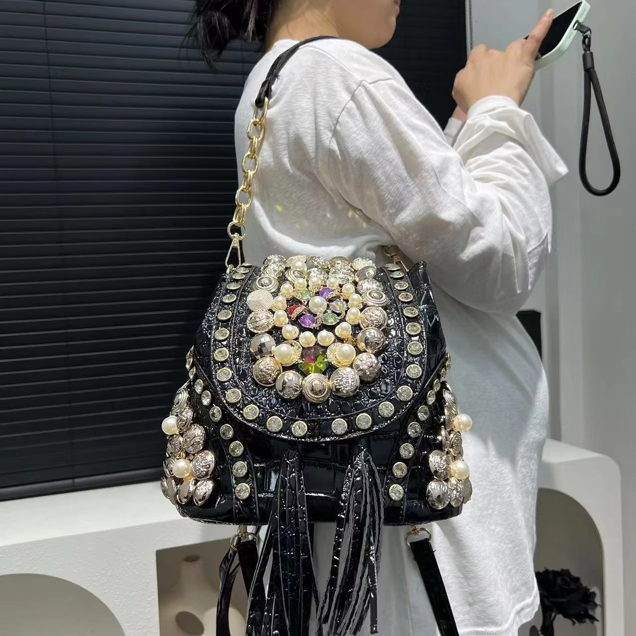 Elegant Beaded Light Luxury Backpack Crossbody Diamond Handbag Mssza