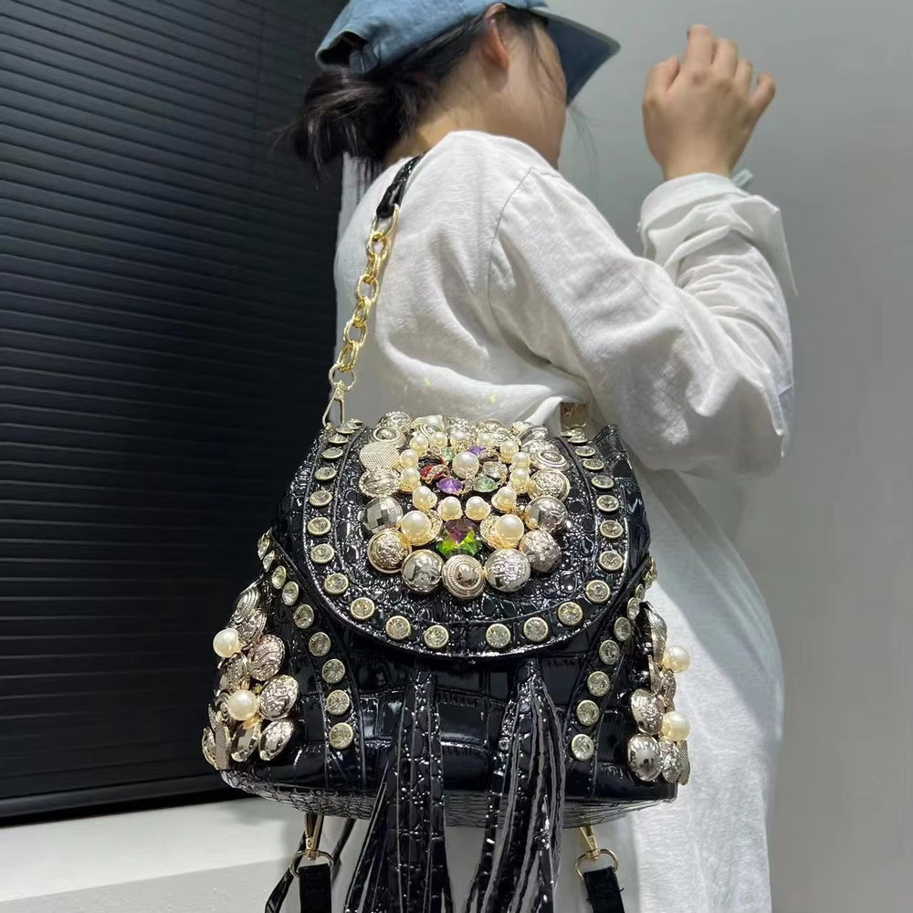 Elegant Beaded Light Luxury Backpack Crossbody Diamond Handbag Mssza