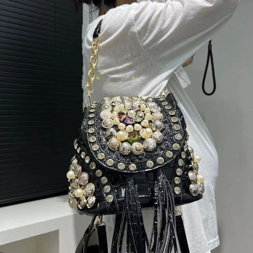 Elegant Beaded Light Luxury Backpack Crossbody Diamond Handbag Mssza