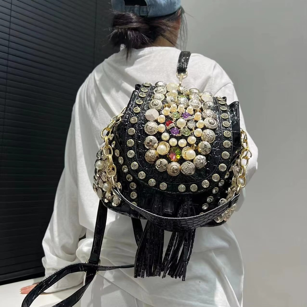 Elegant Beaded Light Luxury Backpack Crossbody Diamond Handbag Mssza