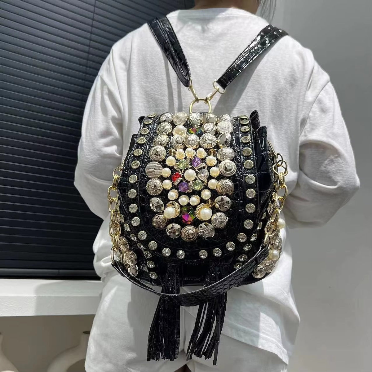 Elegant Beaded Light Luxury Backpack Crossbody Diamond Handbag Mssza