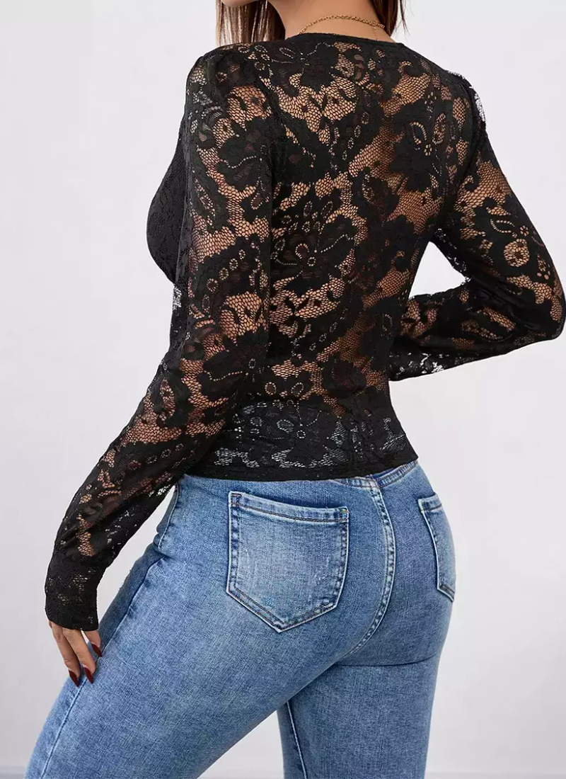 Elegant Long Sleeves Tees Lace Layered Cut Out V-Neck T-Shirt Mssza