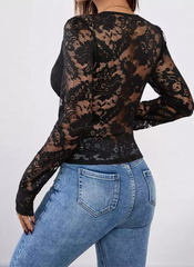 Elegant Long Sleeves Tees Lace Layered Cut Out V-Neck T-Shirt Mssza