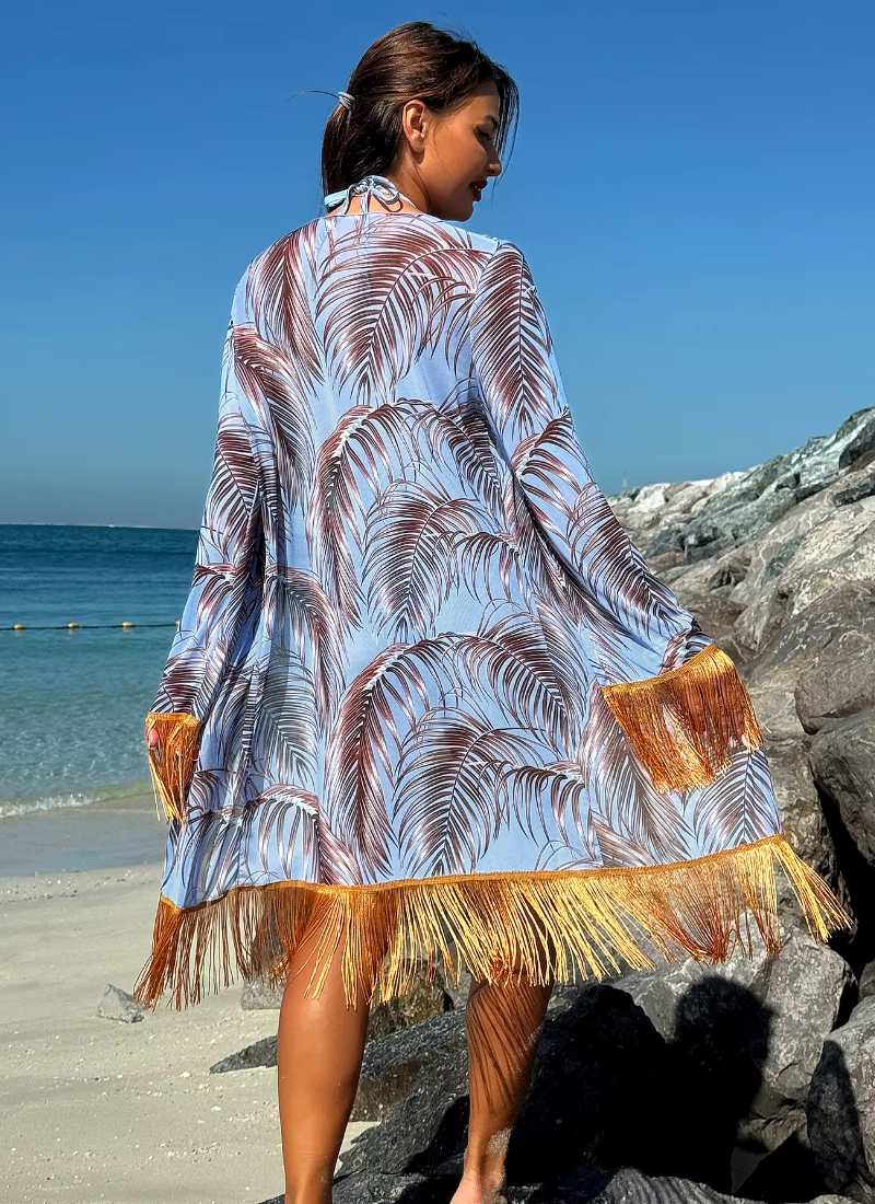 Elegant Printed Bikini Tassel Drape Beachwear Three Piece Set Mssza