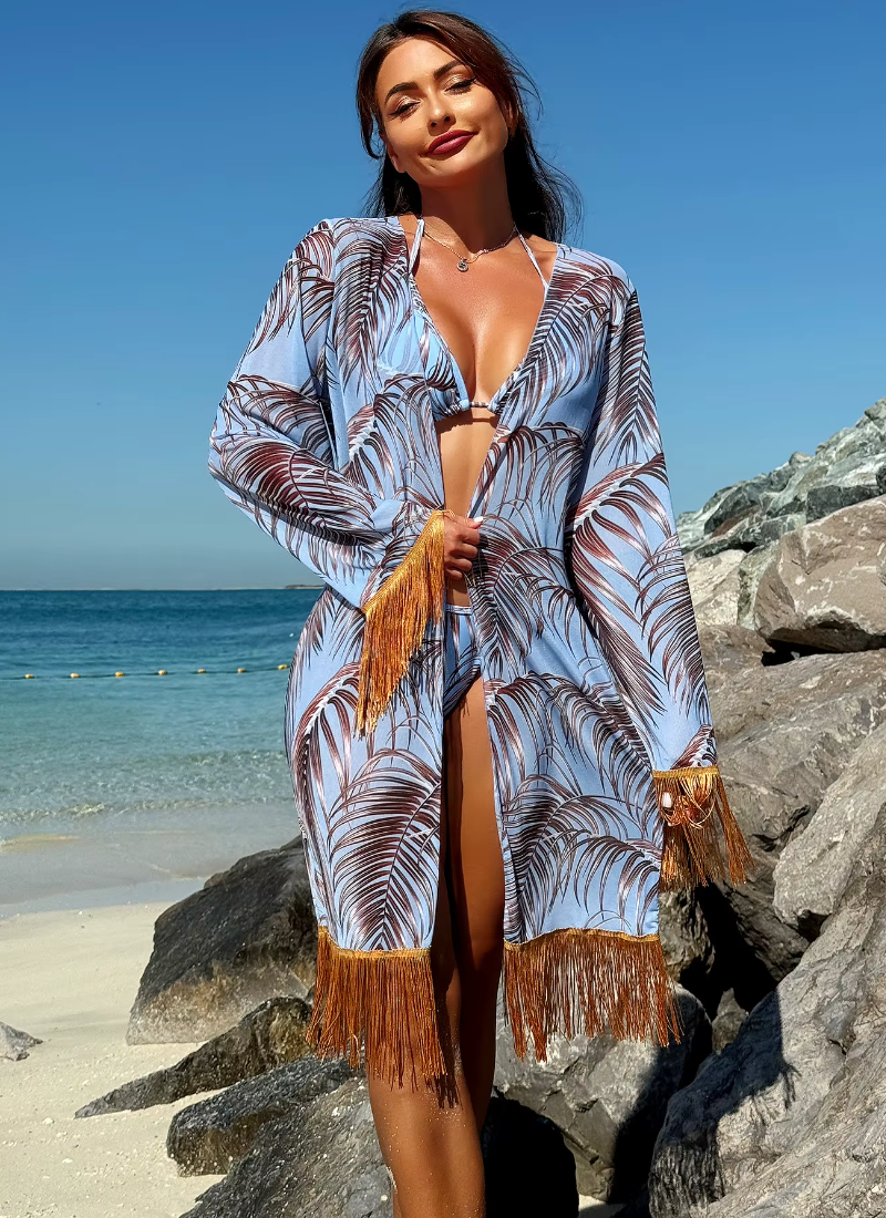 Elegant Printed Bikini Tassel Drape Beachwear Three Piece Set Mssza