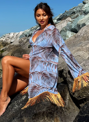 Elegant Printed Bikini Tassel Drape Beachwear Three Piece Set Mssza