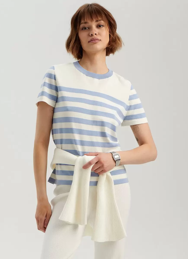 Elegant Short Sleeves Tees Acrylic Stripes Jewel Neck T Shirt Mssza