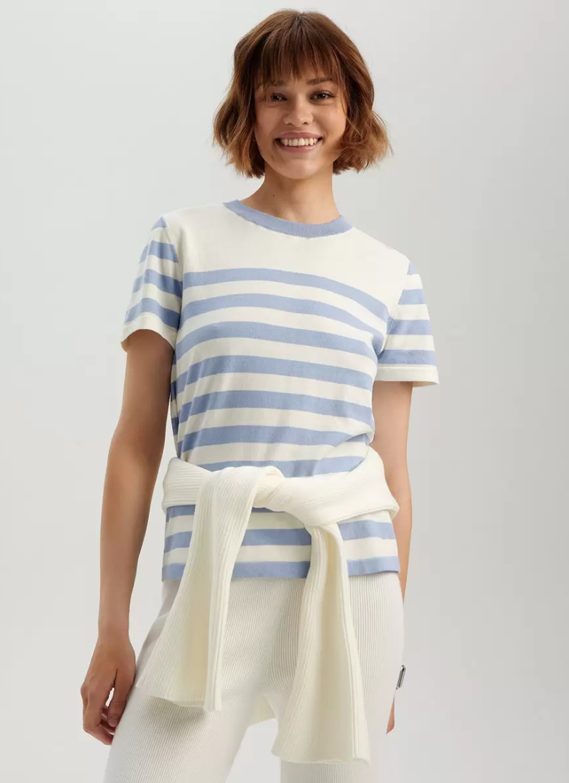 Elegant Short Sleeves Tees Acrylic Stripes Jewel Neck T Shirt Mssza