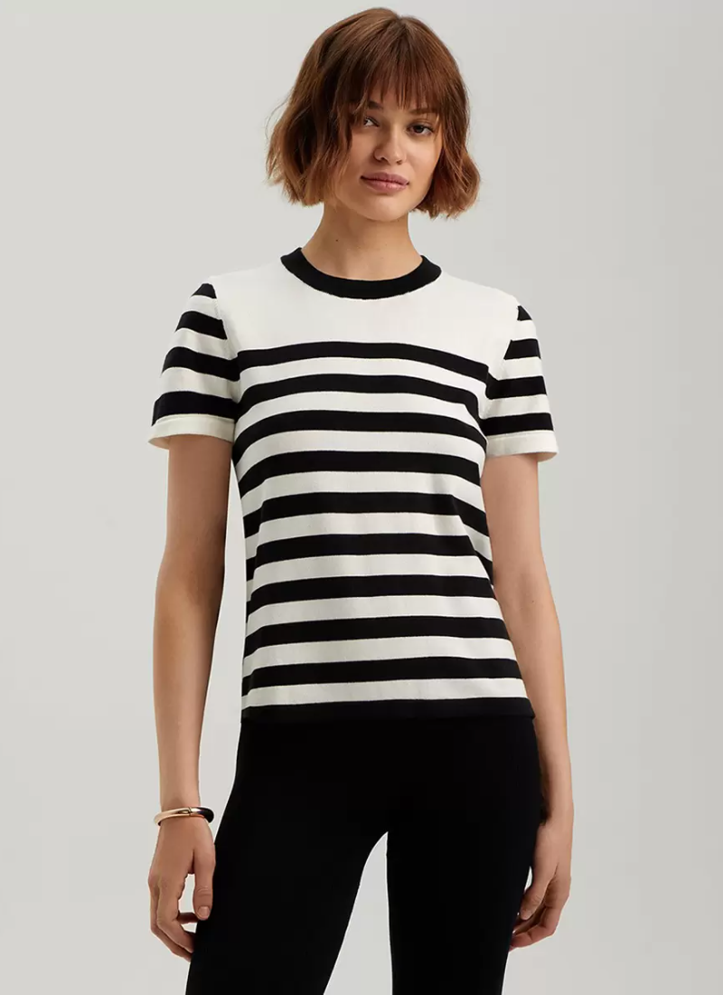 Elegant Short Sleeves Tees Acrylic Stripes Jewel Neck T Shirt Mssza