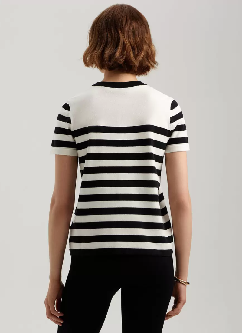 Elegant Short Sleeves Tees Acrylic Stripes Jewel Neck T Shirt Mssza