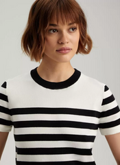 Elegant Short Sleeves Tees Acrylic Stripes Jewel Neck T Shirt Mssza