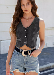 Elegant V-Neck Sleeveless Front Button Vest Crop Top Mssza