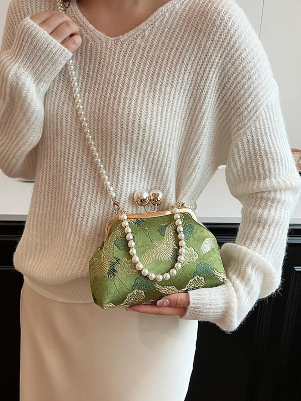 Elegant Fashionable With Contrasting Flower Print Simple Pearl Chain And Clip-On Evening Crossbody Bag Mssza