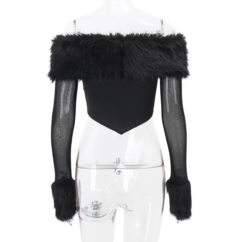 Elegant Feather Strapless T-shirt Off-shoulder Backless Sheer Long Sleeve Club Party Tops Mssza