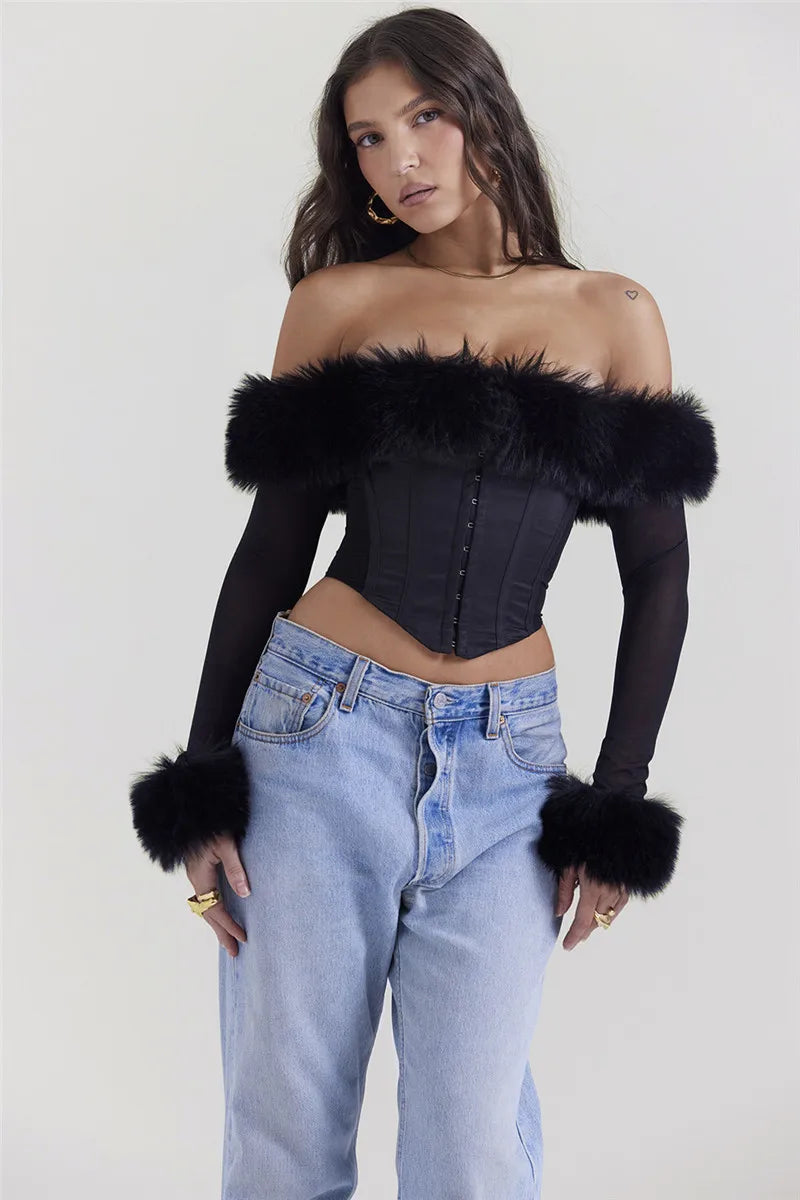 Elegant Feather Strapless T-shirt Off-shoulder Backless Sheer Long Sleeve Club Party Tops Mssza