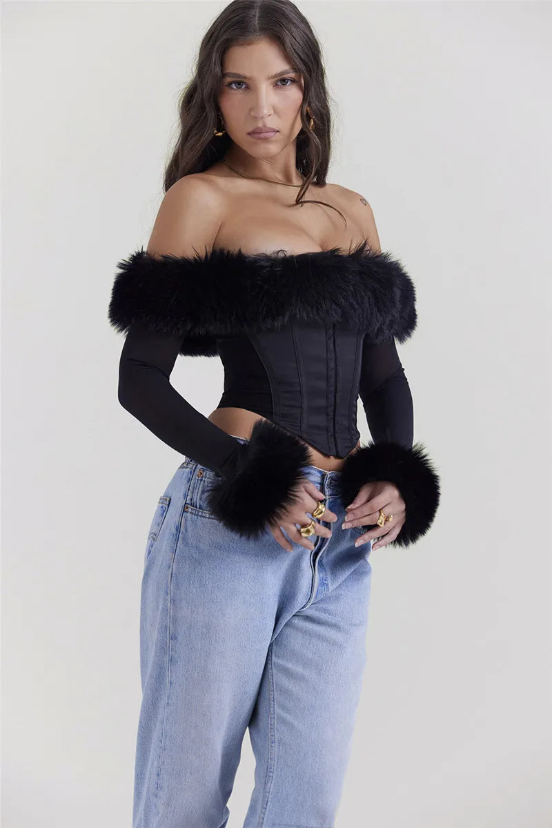 Elegant Feather Strapless T-shirt Off-shoulder Backless Sheer Long Sleeve Club Party Tops Mssza