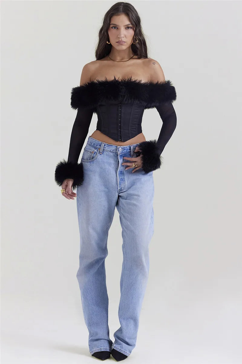 Elegant Feather Strapless T-shirt Off-shoulder Backless Sheer Long Sleeve Club Party Tops Mssza