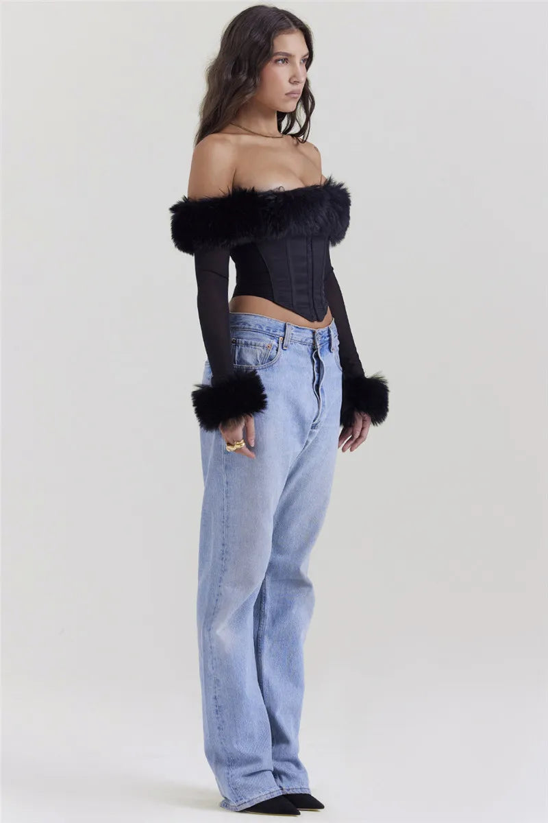 Elegant Feather Strapless T-shirt Off-shoulder Backless Sheer Long Sleeve Club Party Tops Mssza
