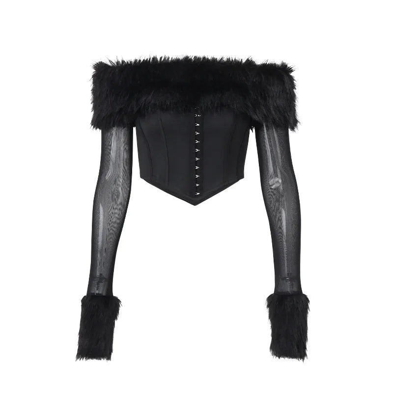 Elegant Feather Strapless T-shirt Off-shoulder Backless Sheer Long Sleeve Club Party Tops Mssza