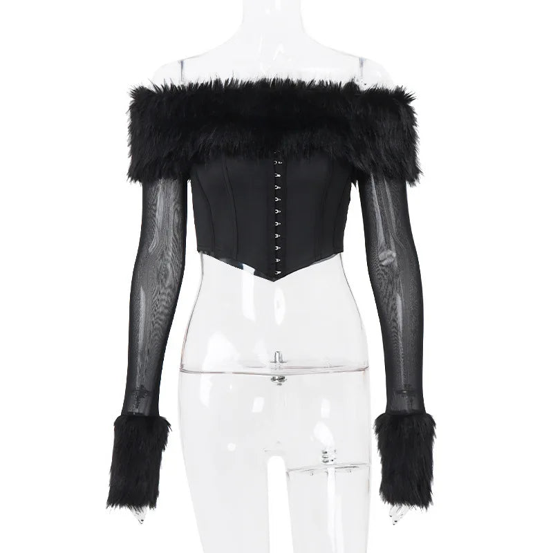 Elegant Feather Strapless T-shirt Off-shoulder Backless Sheer Long Sleeve Club Party Tops Mssza