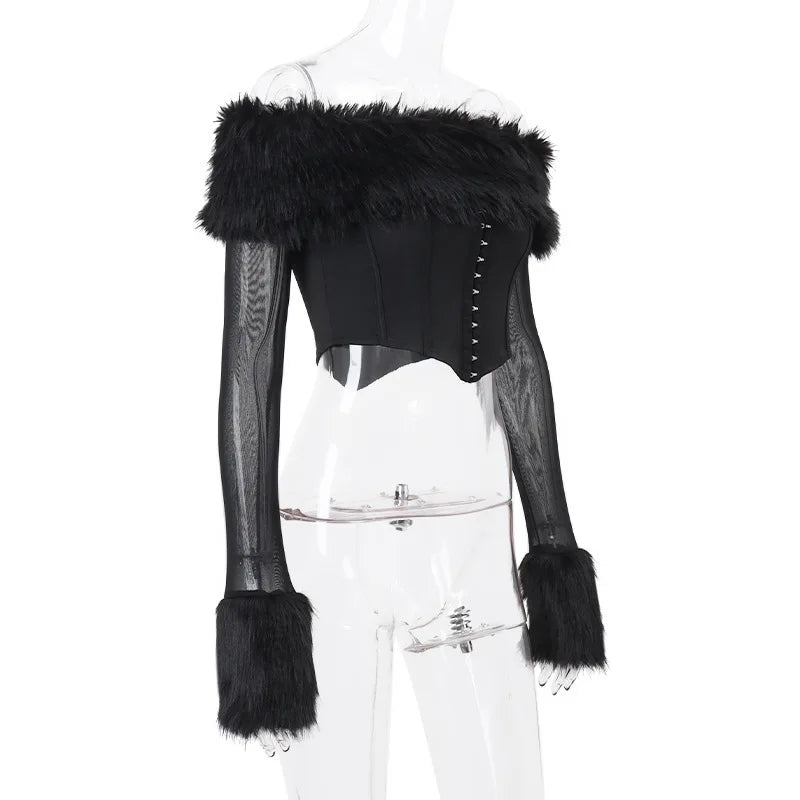 Elegant Feather Strapless T-shirt Off-shoulder Backless Sheer Long Sleeve Club Party Tops Mssza